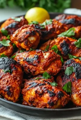 Plate of flavorful Tandoori Chicken garnished with herbs and served with sides.