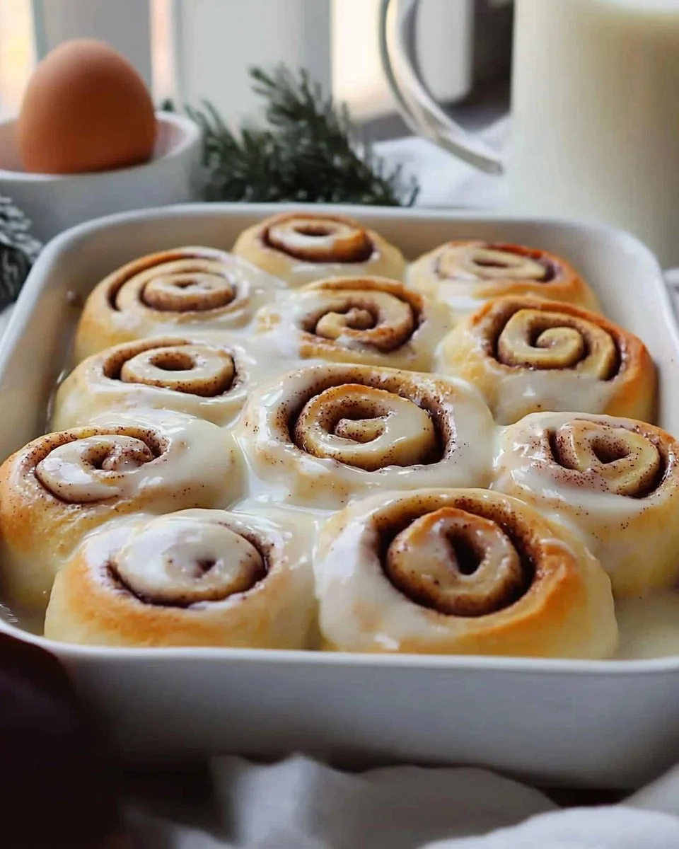 Freshly baked cinnamon rolls drizzled with icing, ready to enjoy