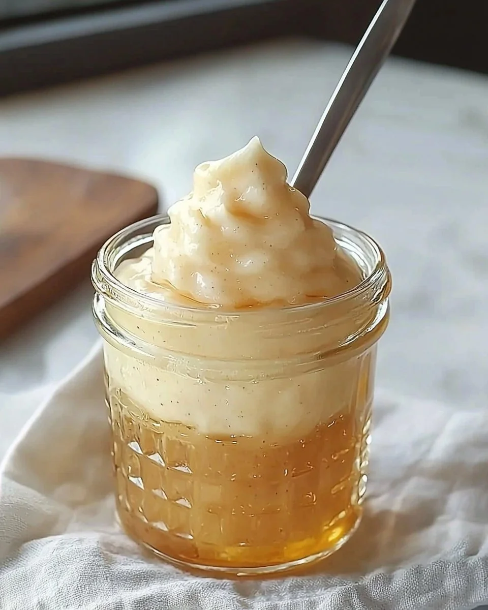 Delicious whipped honey in a jar, perfect for spreading and sweetening dishes.
