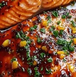 Air Fryer Honey Garlic Salmon served on a plate, garnished with herbs and lemon.