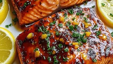 Air Fryer Honey Garlic Salmon served on a plate, garnished with herbs and lemon.