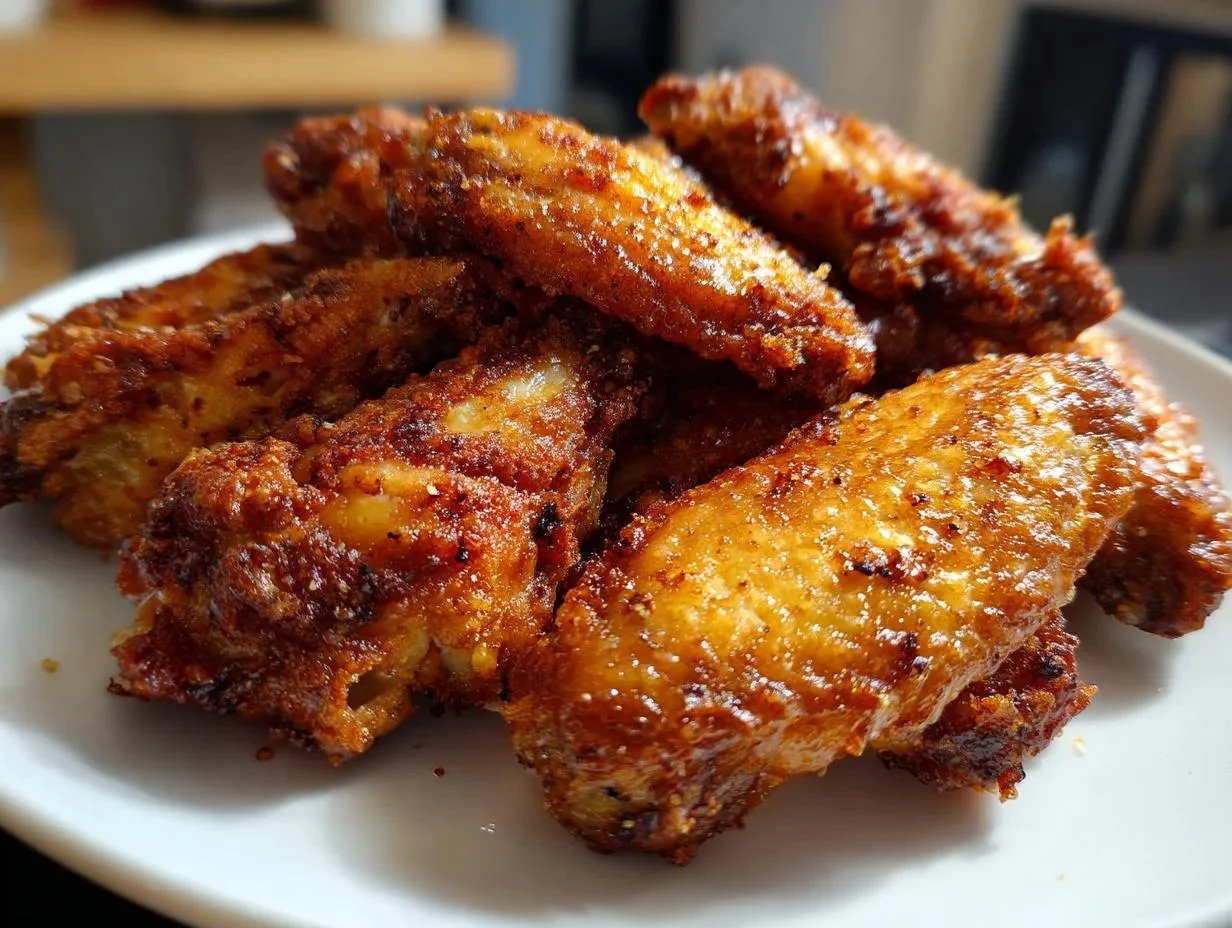 Crispy air fryer chicken wings served on a plate with dipping sauce