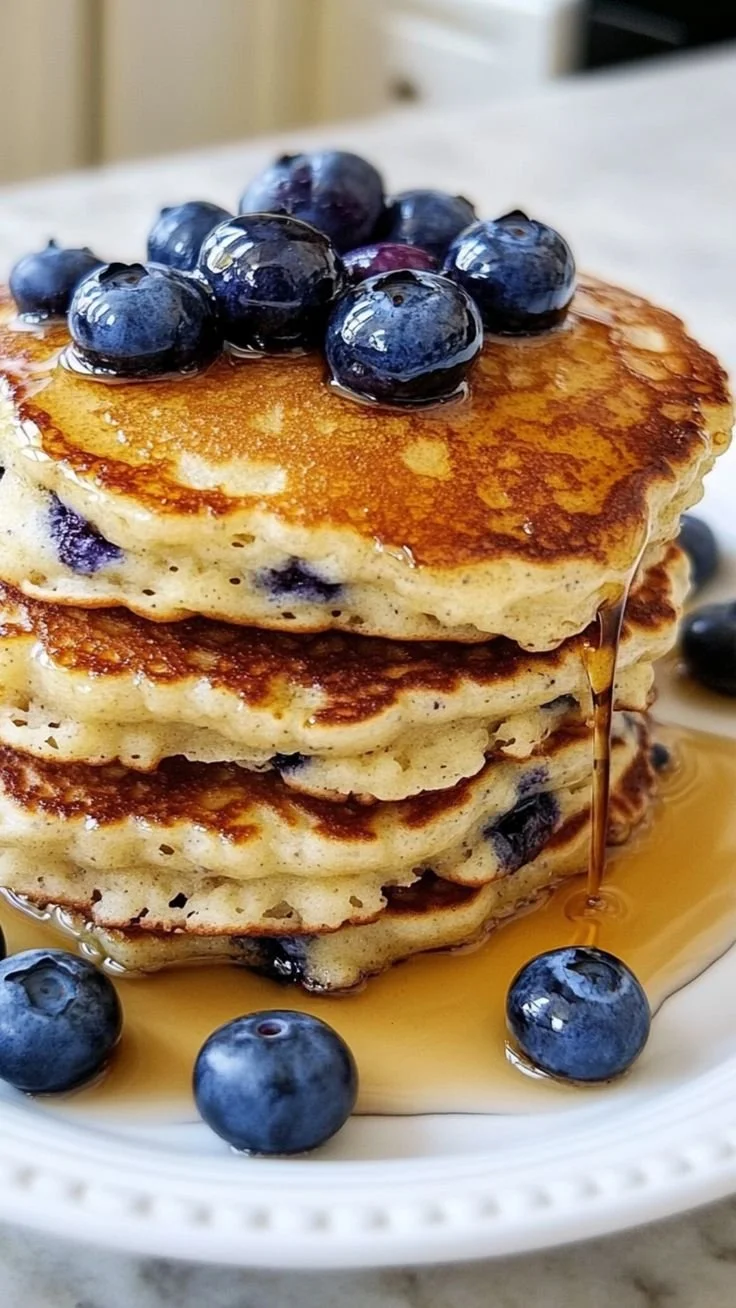 Fluffy blueberry pancakes stacked with fresh blueberries on top