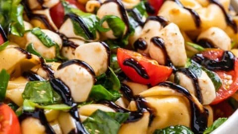 Delicious Caprese Salad with Tortellini, featuring fresh tomatoes and mozzarella