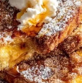 Delicious Churro French Toast topped with cinnamon sugar and syrup
