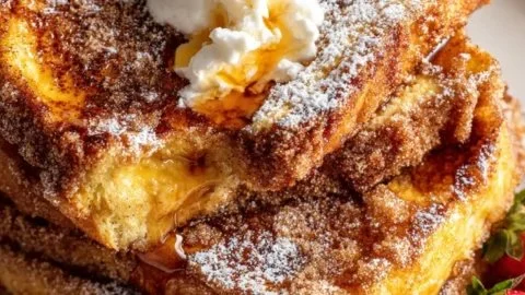Delicious Churro French Toast topped with cinnamon sugar and syrup