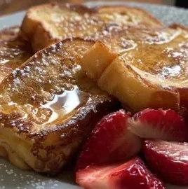 Plate of classic French toast topped with syrup and fresh berries