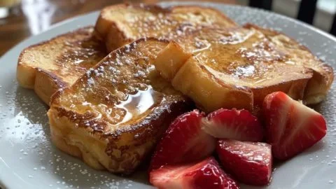 Plate of classic French toast topped with syrup and fresh berries