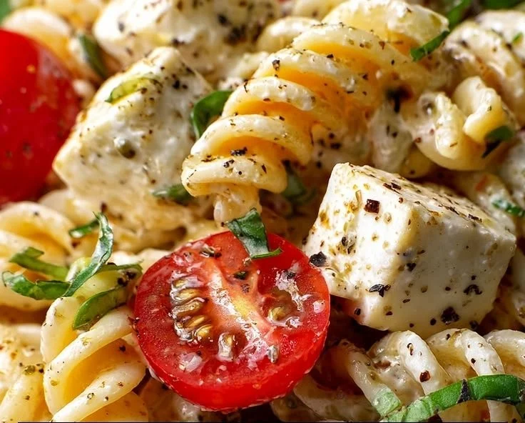 Classic High Protein Caprese Pasta Salad with fresh tomatoes and mozzarella
