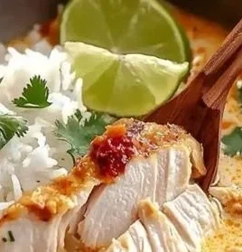 Coconut Chicken Brothy Rice in a bowl, garnished with herbs and colorful vegetables.