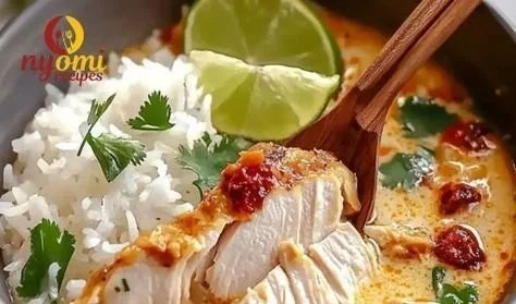 Coconut Chicken Brothy Rice in a bowl, garnished with herbs and colorful vegetables.