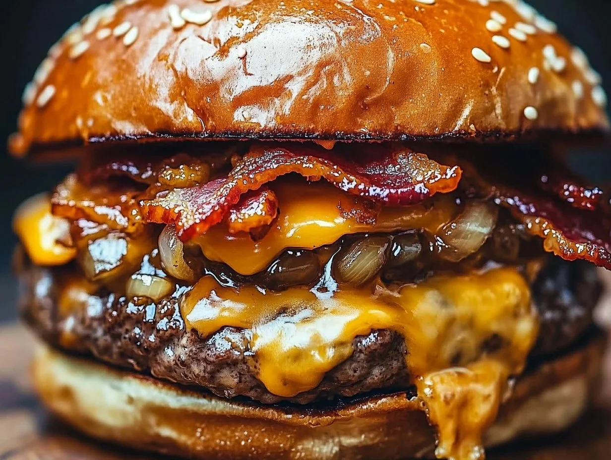 Delicious Crack Burger with toppings and melted cheese on a fresh bun
