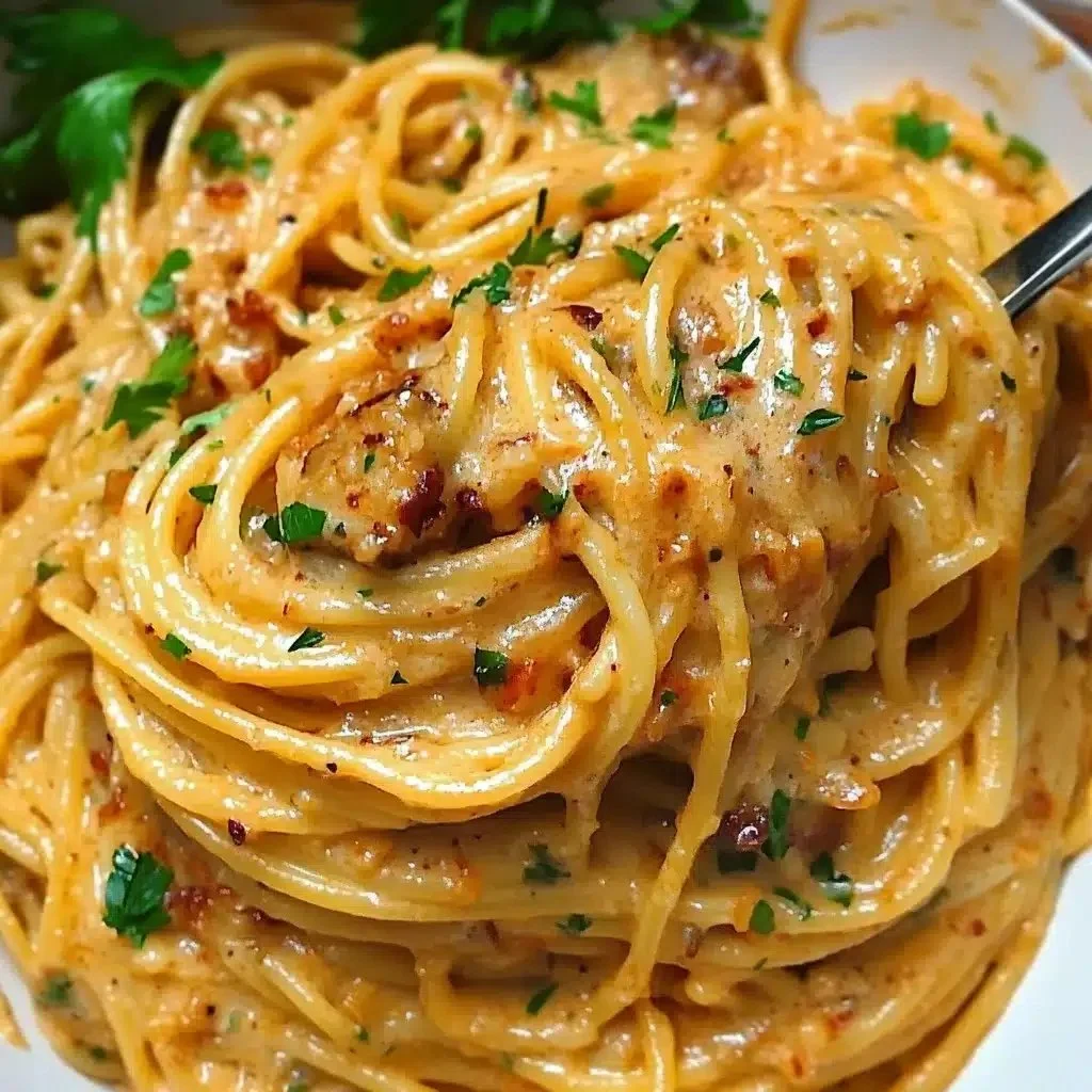 Creamy vegan caramelized onion pasta dish garnished with fresh herbs