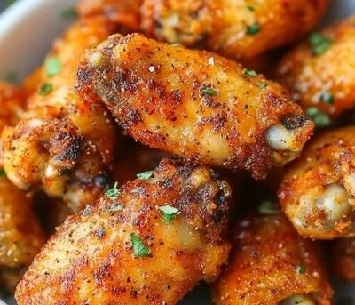 Crispy air fryer chicken wings served in a bowl with dipping sauce.