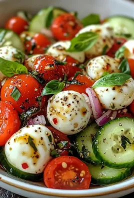 Fresh Cucumber Caprese Salad with tomatoes, mozzarella, and basil.
