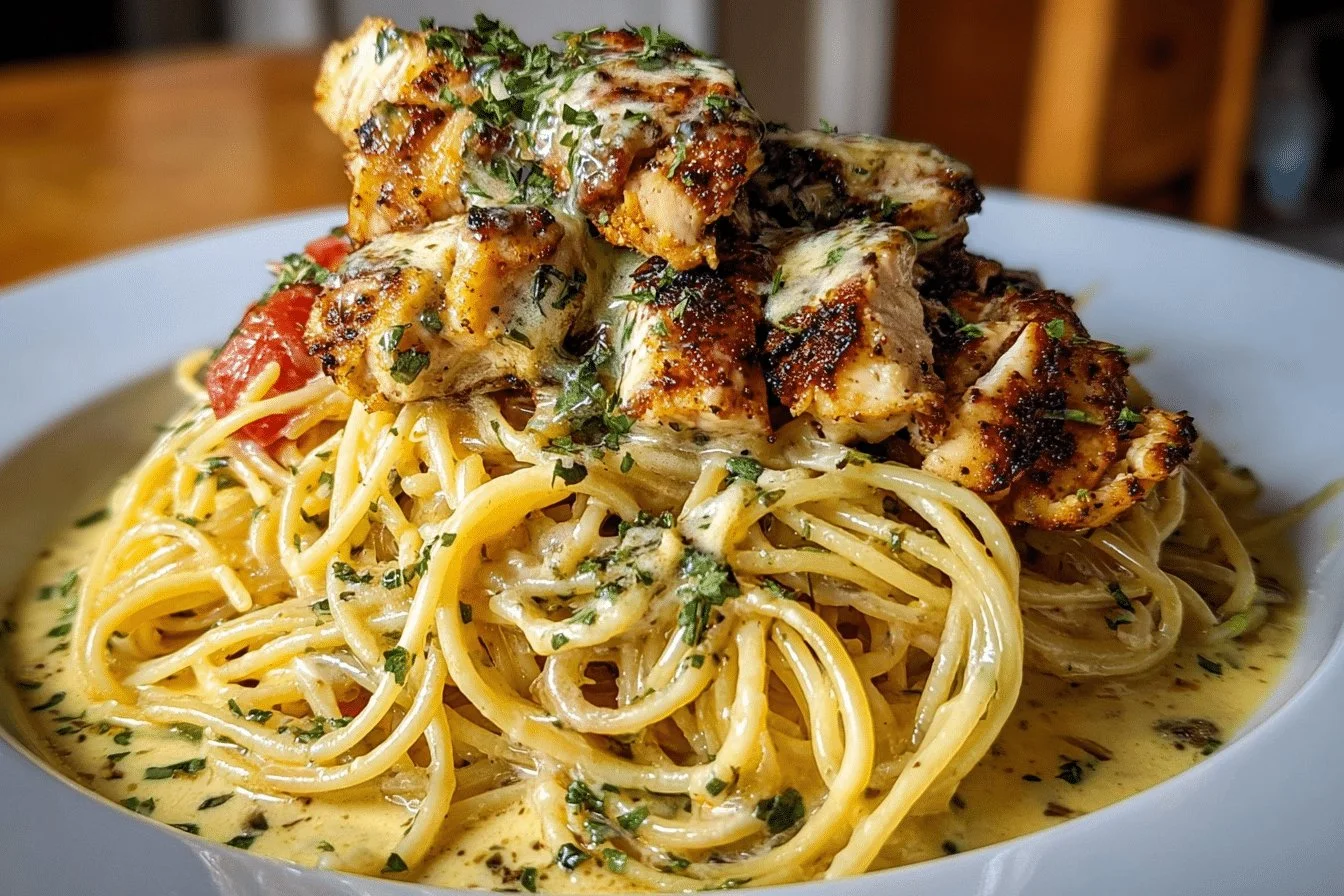 Easy creamy Cajun chicken spaghetti with garlic mozzarella sauce dish