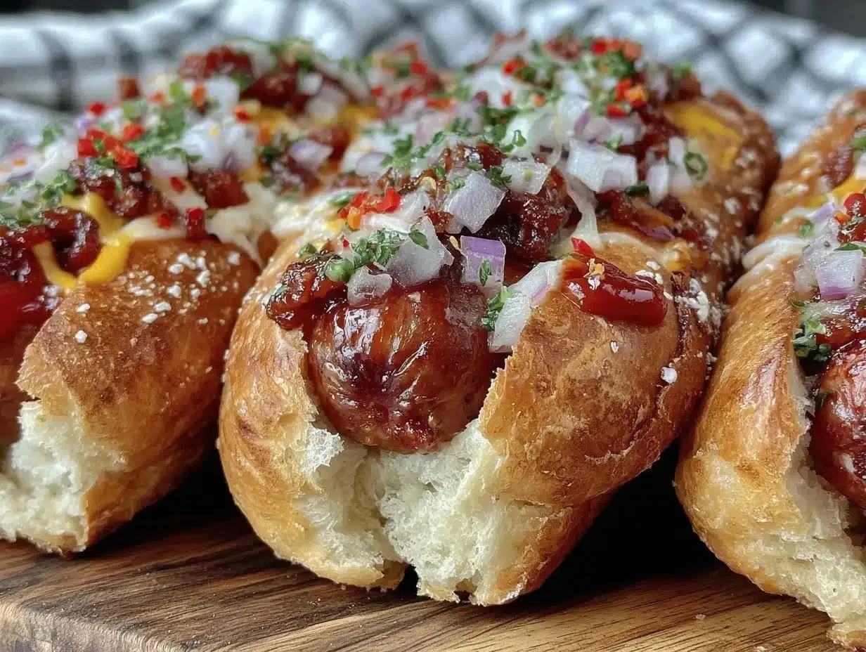 Flavorful Firecracker Hot Dogs ready for grilling and serving at a summer barbecue.
