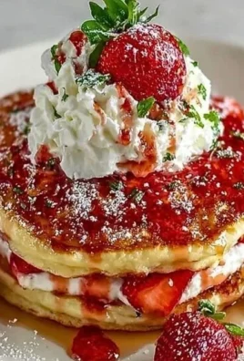 Fluffy strawberry cheesecake pancakes served with fresh strawberries and cream