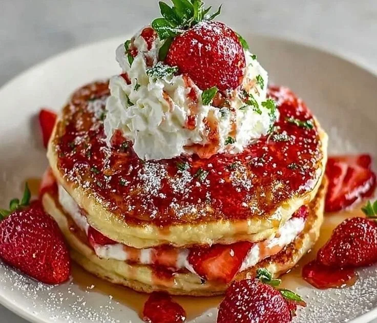 Fluffy strawberry cheesecake pancakes served with fresh strawberries and cream