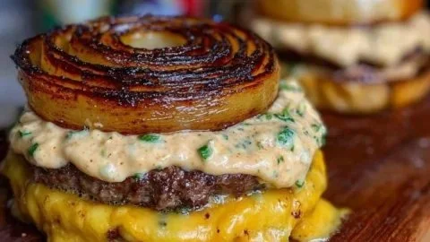 Delicious Flying Dutchman Burger with melted cheese and juicy beef patty.