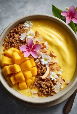 Iced Mango Lassi Smoothie Bowl topped with fresh mango and coconut flakes