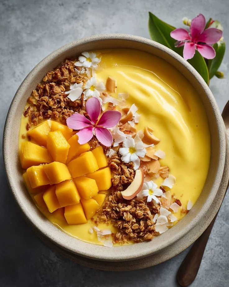 Iced Mango Lassi Smoothie Bowl topped with fresh mango and coconut flakes