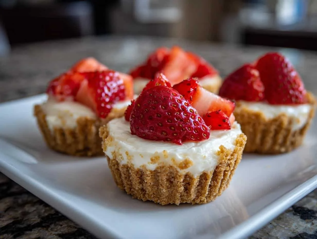 No-bake mini cheesecake cups topped with berries in a dessert dish