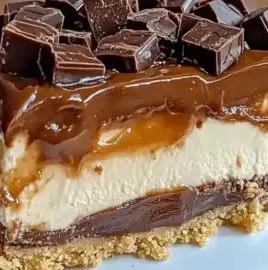 Delicious no-bake Twix cheesecake topped with caramel and chocolate
