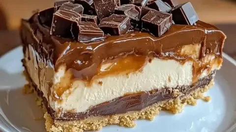 Delicious no-bake Twix cheesecake topped with caramel and chocolate