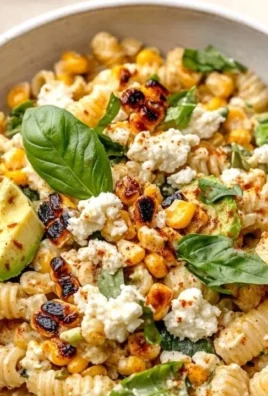 A colorful bowl of juicy street corn pasta salad with fresh ingredients