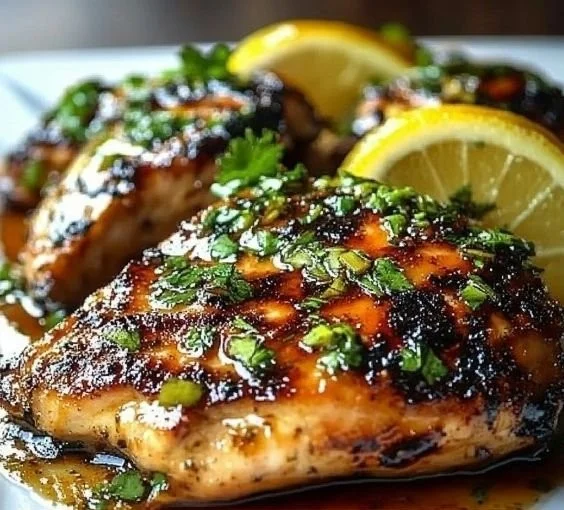 Delicious Key West grilled chicken served with vibrant vegetables and seasoning.