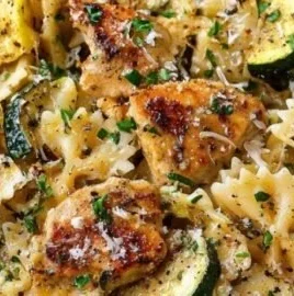 A plate of Lemon Chicken Pasta garnished with fresh herbs and lemon slices.