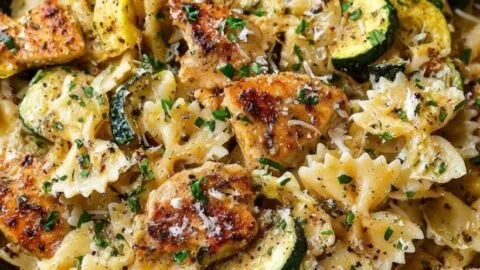 A plate of Lemon Chicken Pasta garnished with fresh herbs and lemon slices.