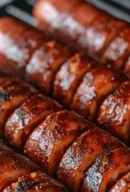 Delicious marinated grilled hot dogs on a barbecue grill.