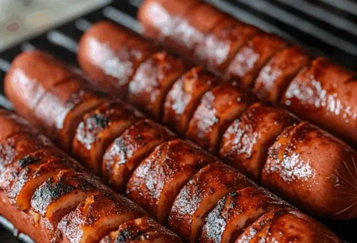 Delicious marinated grilled hot dogs on a barbecue grill.