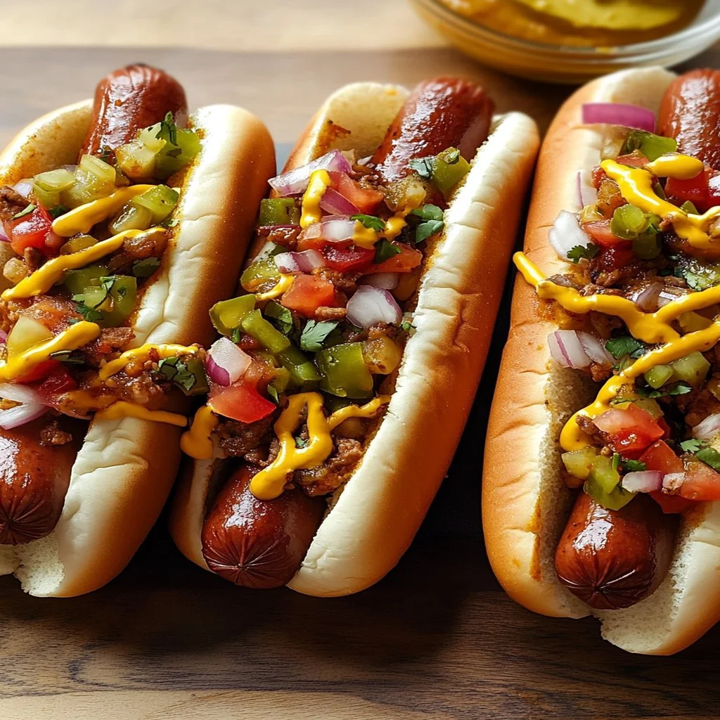 Delicious Mexican Hot Dogs topped with fresh ingredients and served on a grill