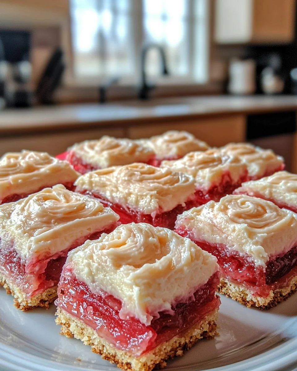 Delicious rhubarb bars topped with cream cheese frosting on a wooden table.