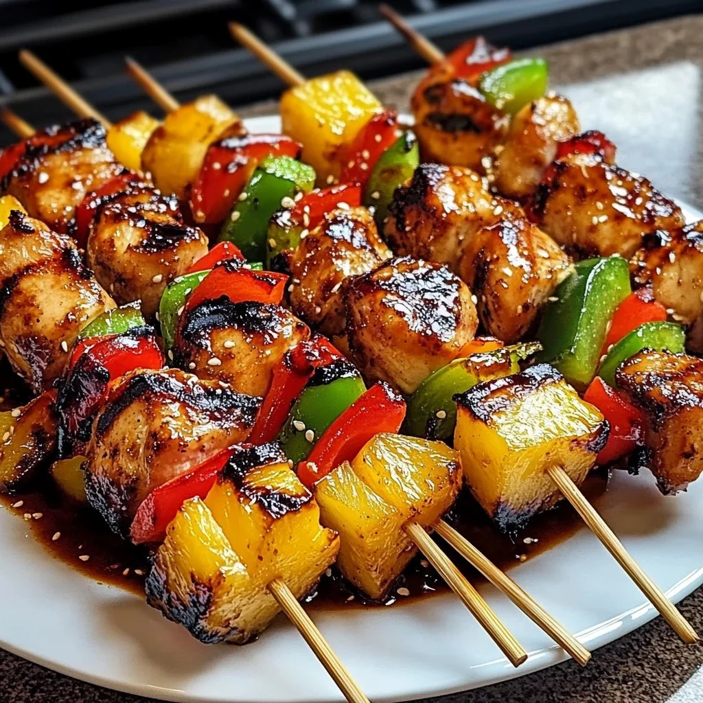 Delicious grilled pineapple chicken kabobs skewered with vibrant vegetables