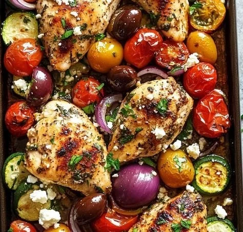 Sheet pan with Greek chicken and assorted veggies