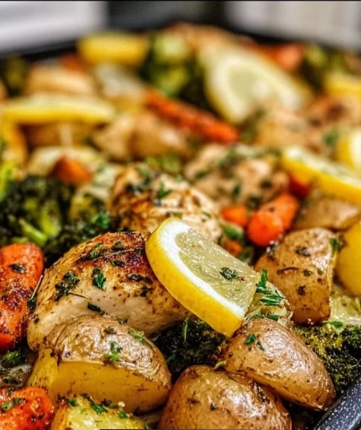 Sheet pan lemon herb chicken with colorful vegetables ready to be served