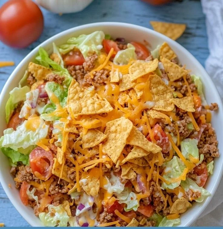 Delicious and colorful Doritos Taco Salad with fresh vegetables and toppings