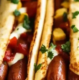 Delicious tortilla hot dogs served with toppings for a quick dinner.