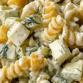 Zesty dill pickle pasta salad garnished and ready to serve for summer gatherings