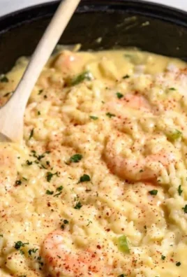 Creamy shrimp and rice dish garnished with herbs