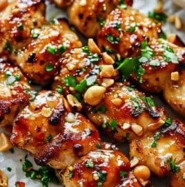 Easy grilled Asian chicken skewers with honey garlic sauce on a serving platter