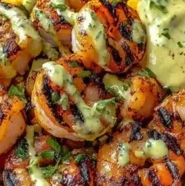 Delicious grilled shrimp bowl featuring creamy ingredients and fresh vegetables.