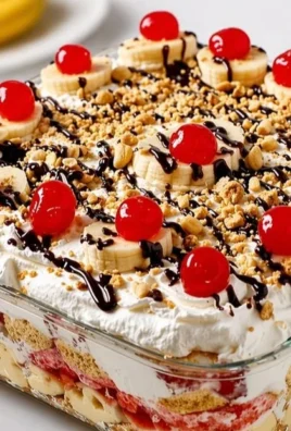 No-bake banana split dessert layered with bananas, ice cream, and toppings