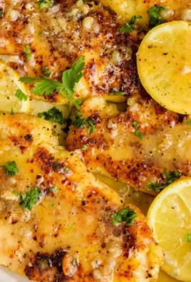 Plate of quick lemon chicken garnished with herbs and lemon slices