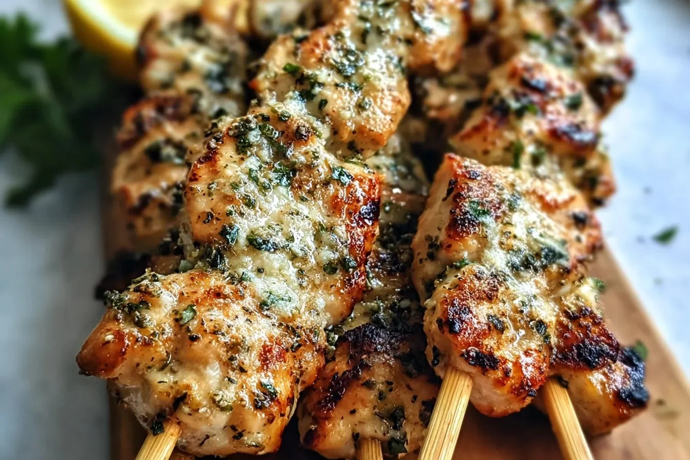 Savory garlic parmesan chicken skewers grilled to perfection for summer meals.