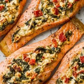 Stuffed salmon with spinach and feta served on a plate for a quick meal
